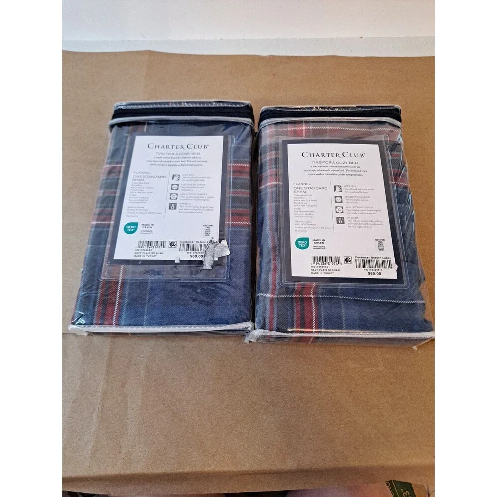 Charter Club Navy Plaid Flannel 100% Cotton Shams Pillow Sz 20